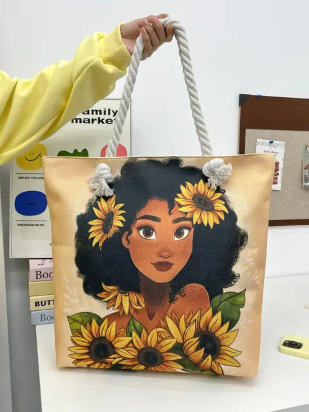 Large Canvas Tote Bag with Rope Handles – Illustrated Girl Design