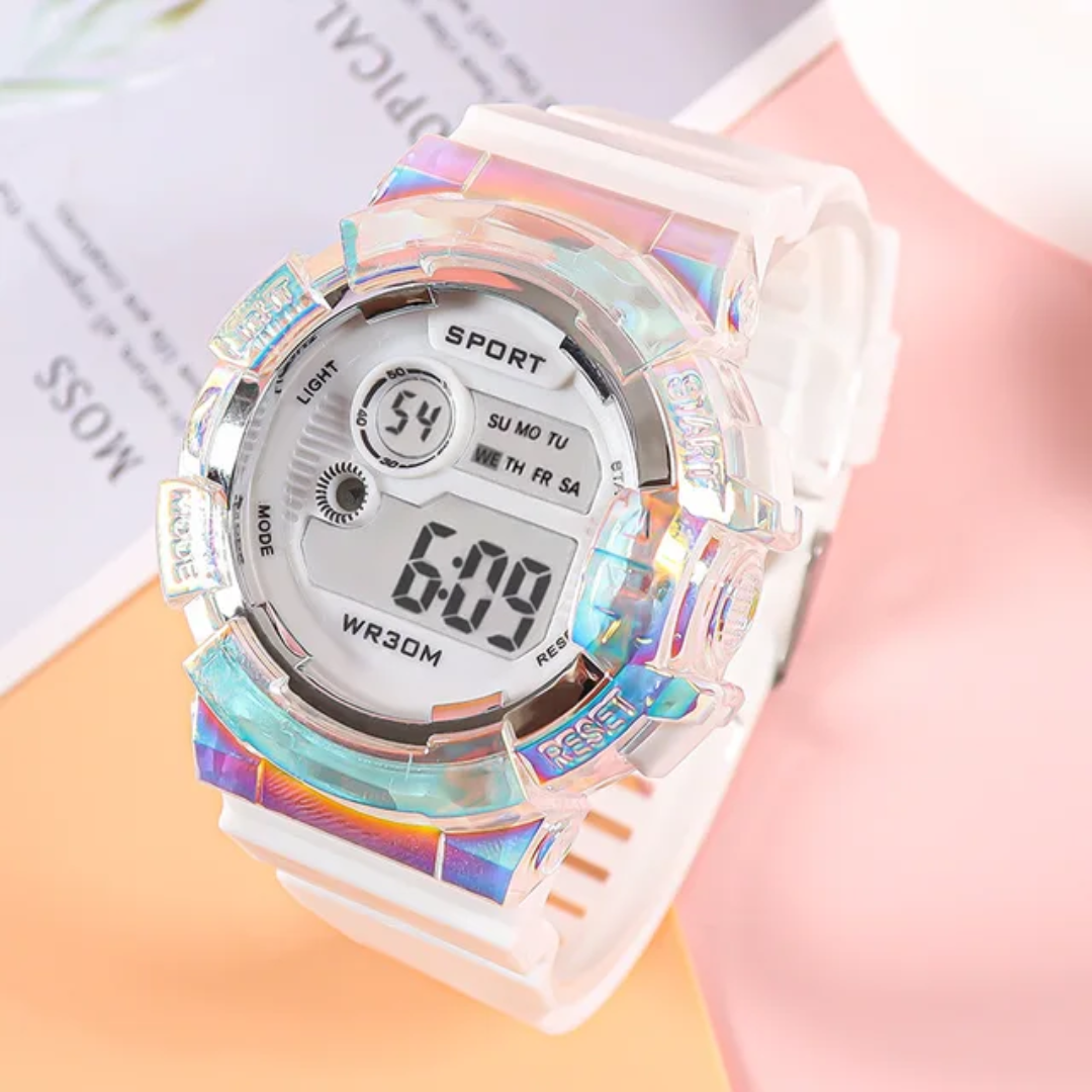 Kids Digital Sport Watch – Iridescent Crystal Bezel, Waterproof, Soft Silicone Strap (Multiple Colors)