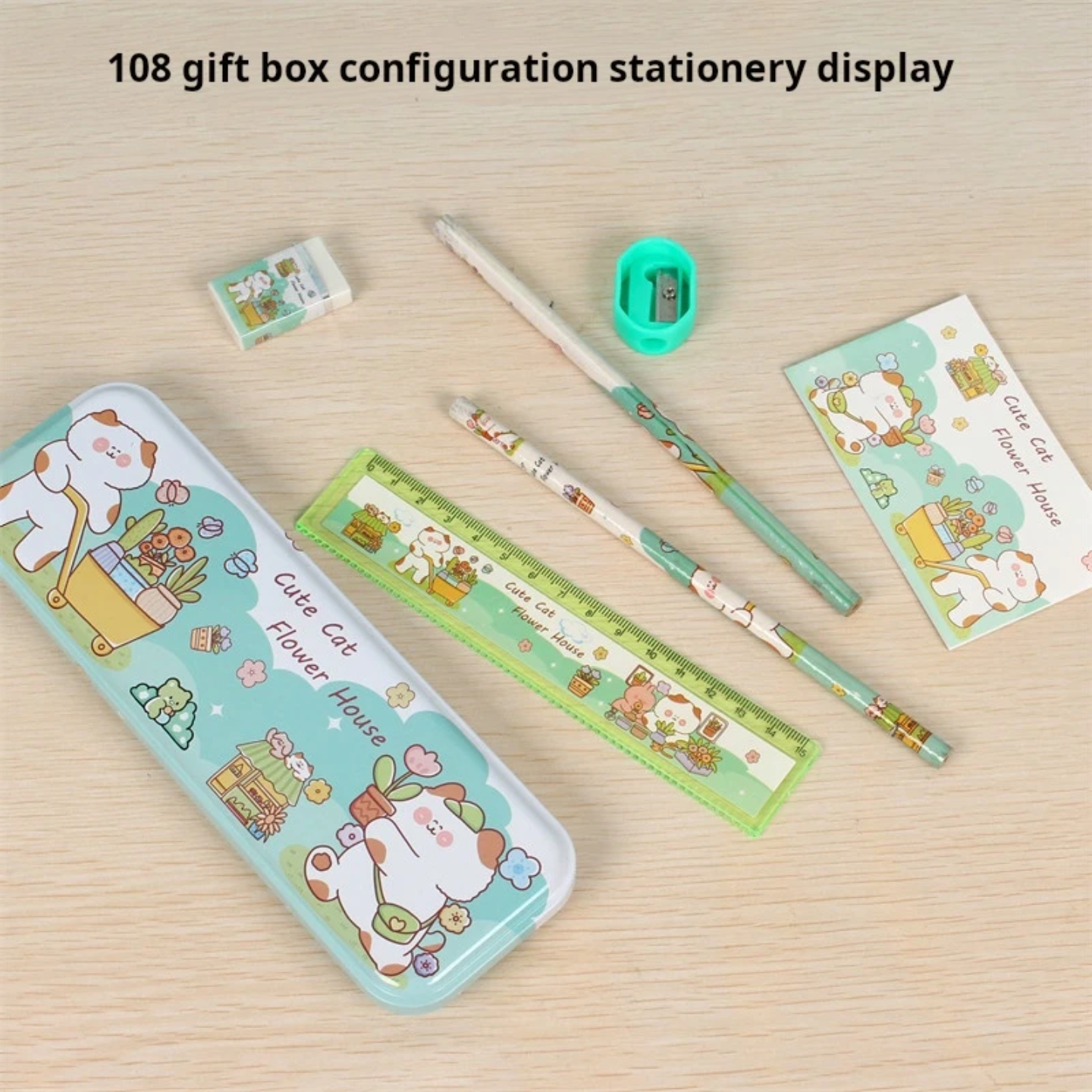 Kids Cartoon 7-Piece Stationery Gift Box Set – Pencil Case, Ruler, Pencils, Sharpener & Eraser (Cute Cat / Yummy Pink / Dinosaur / Space / Animal Friends)