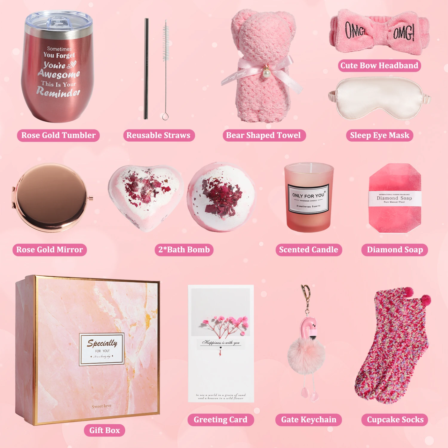 Luxury Pink Pamper Spa Gift Box for Women – Rose Gold Tumbler, Bath Bombs, Candle, Sleep Essentials & Self-Care Accessories (11-Piece Set)