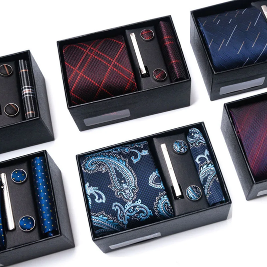 Men’s Necktie Gift Set – Tie, Pocket Square, Cufflinks & Tie Clip