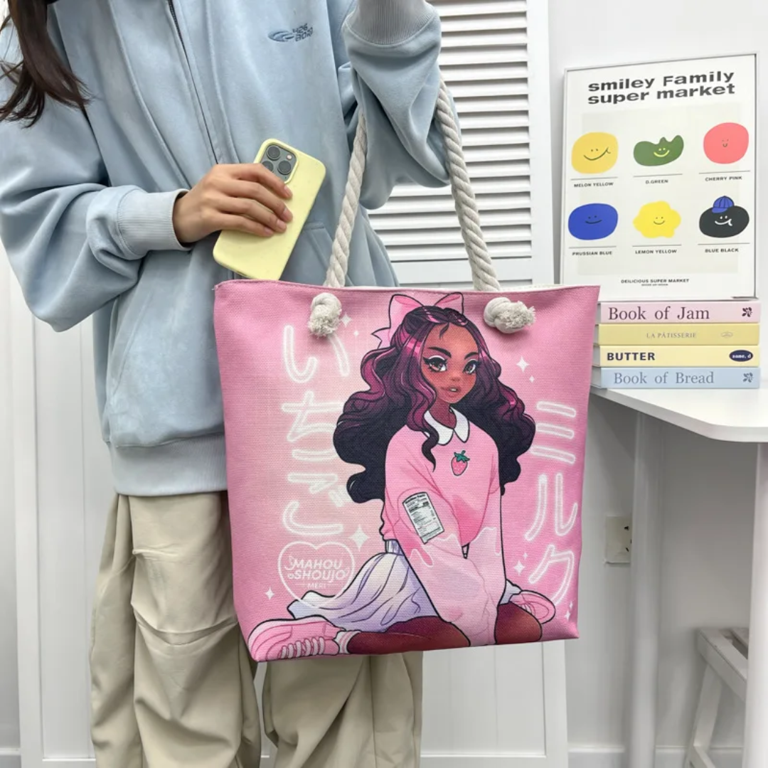 Large Canvas Tote Bag with Rope Handles – Illustrated Girl Design