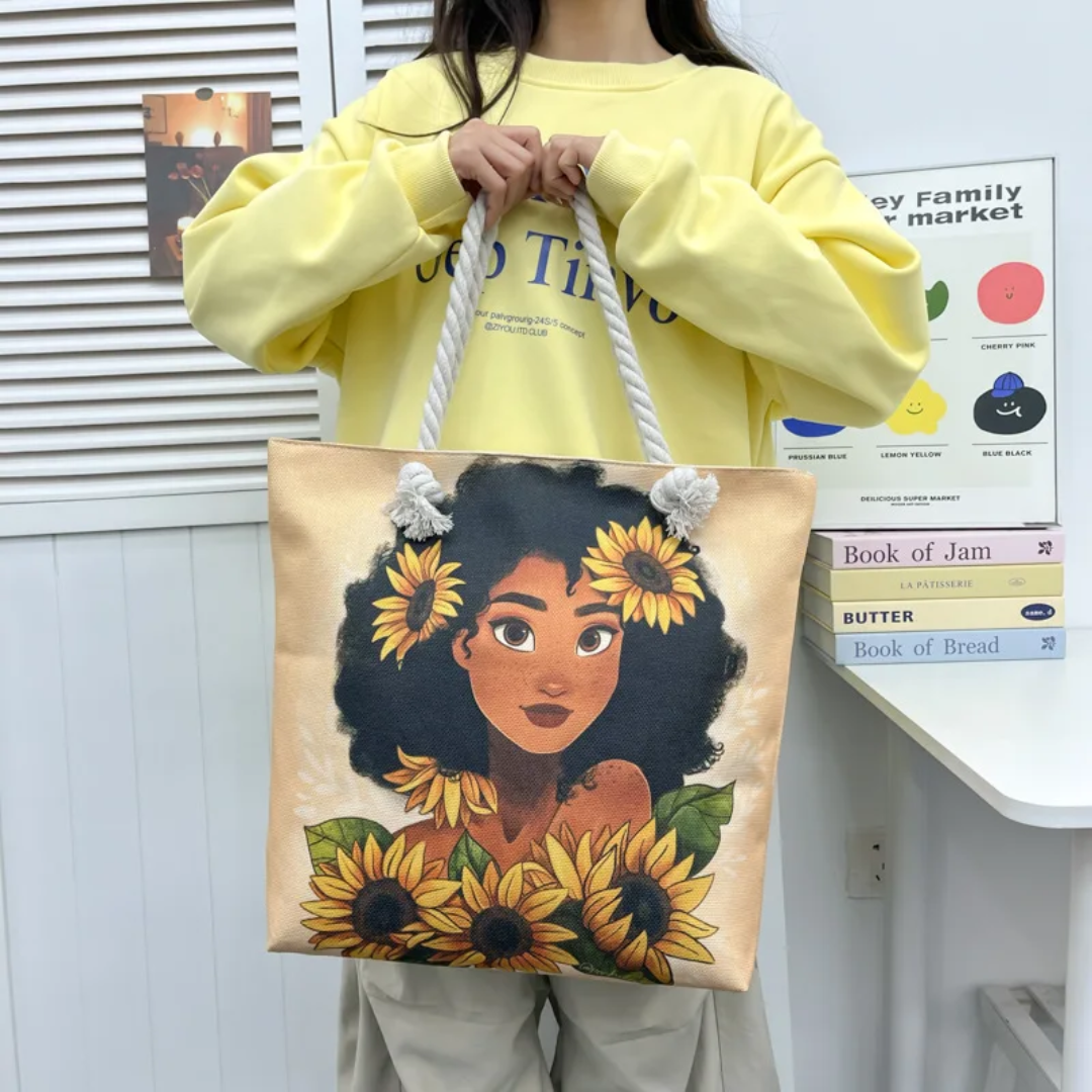 Large Canvas Tote Bag with Rope Handles – Illustrated Girl Design