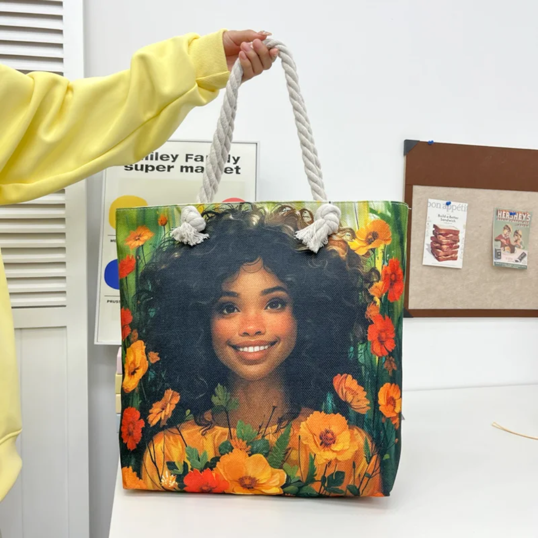 Large Canvas Tote Bag with Rope Handles – Illustrated Girl Design