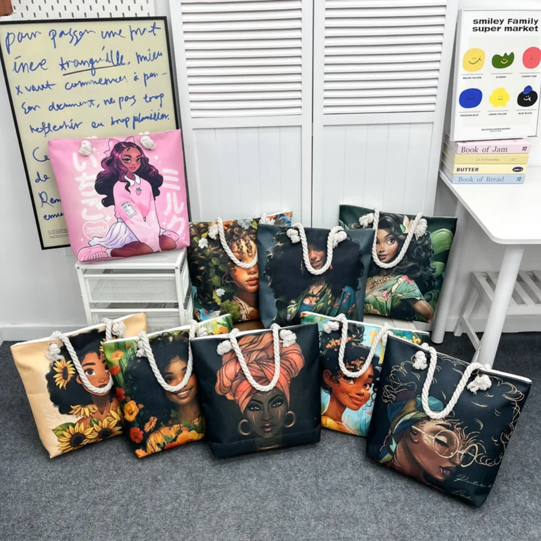 Large Canvas Tote Bag with Rope Handles – Illustrated Girl Design