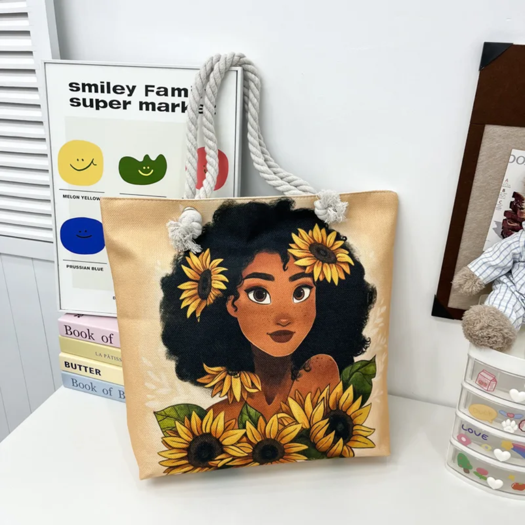 Large Canvas Tote Bag with Rope Handles – Illustrated Girl Design