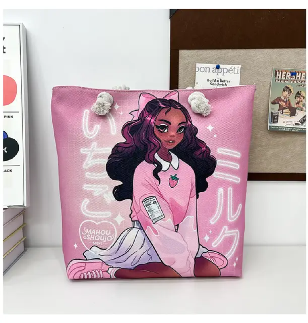 Large Canvas Tote Bag with Rope Handles – Illustrated Girl Design