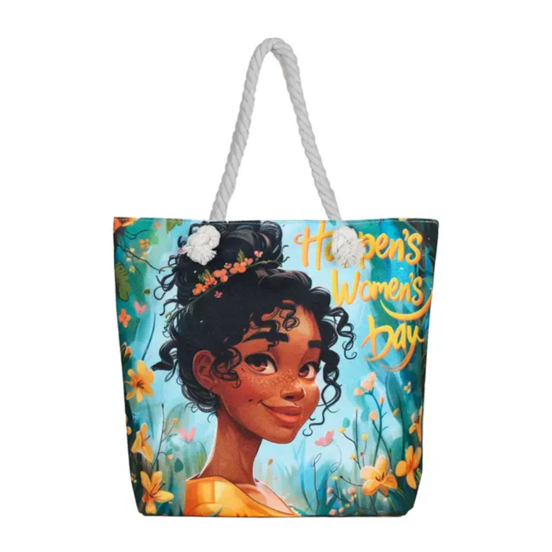 Large Canvas Tote Bag with Rope Handles – Illustrated Girl Design