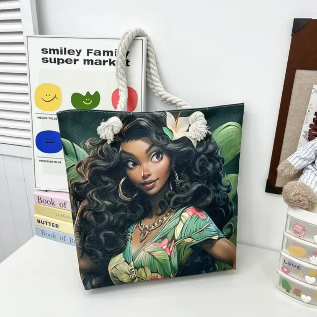 Large Canvas Tote Bag with Rope Handles – Illustrated Girl Design