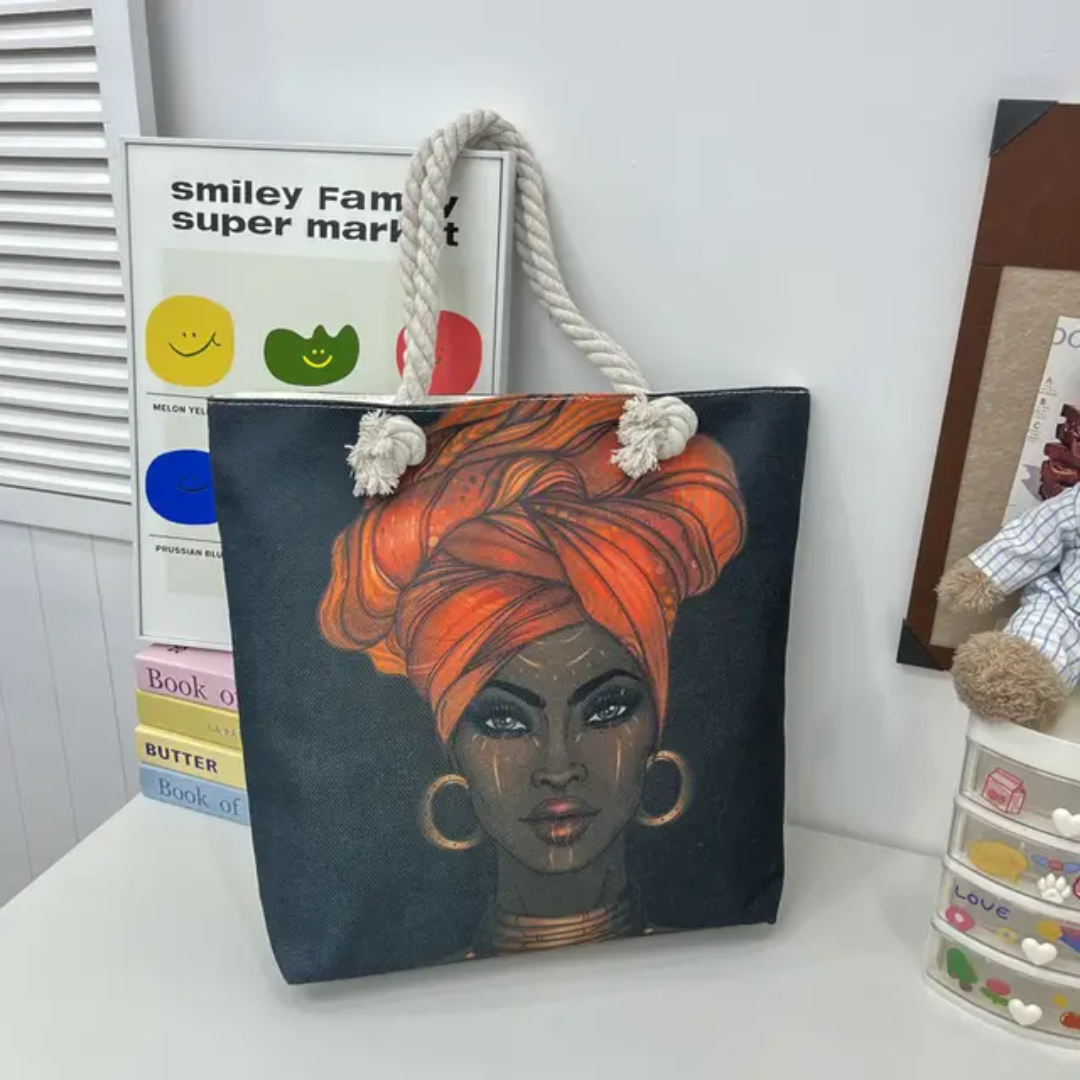 Large Canvas Tote Bag with Rope Handles – Illustrated Girl Design