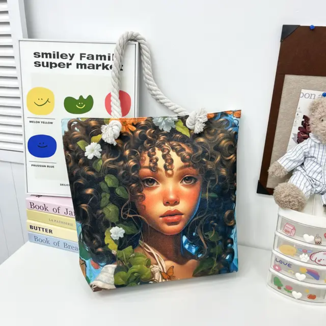 Large Canvas Tote Bag with Rope Handles – Illustrated Girl Design