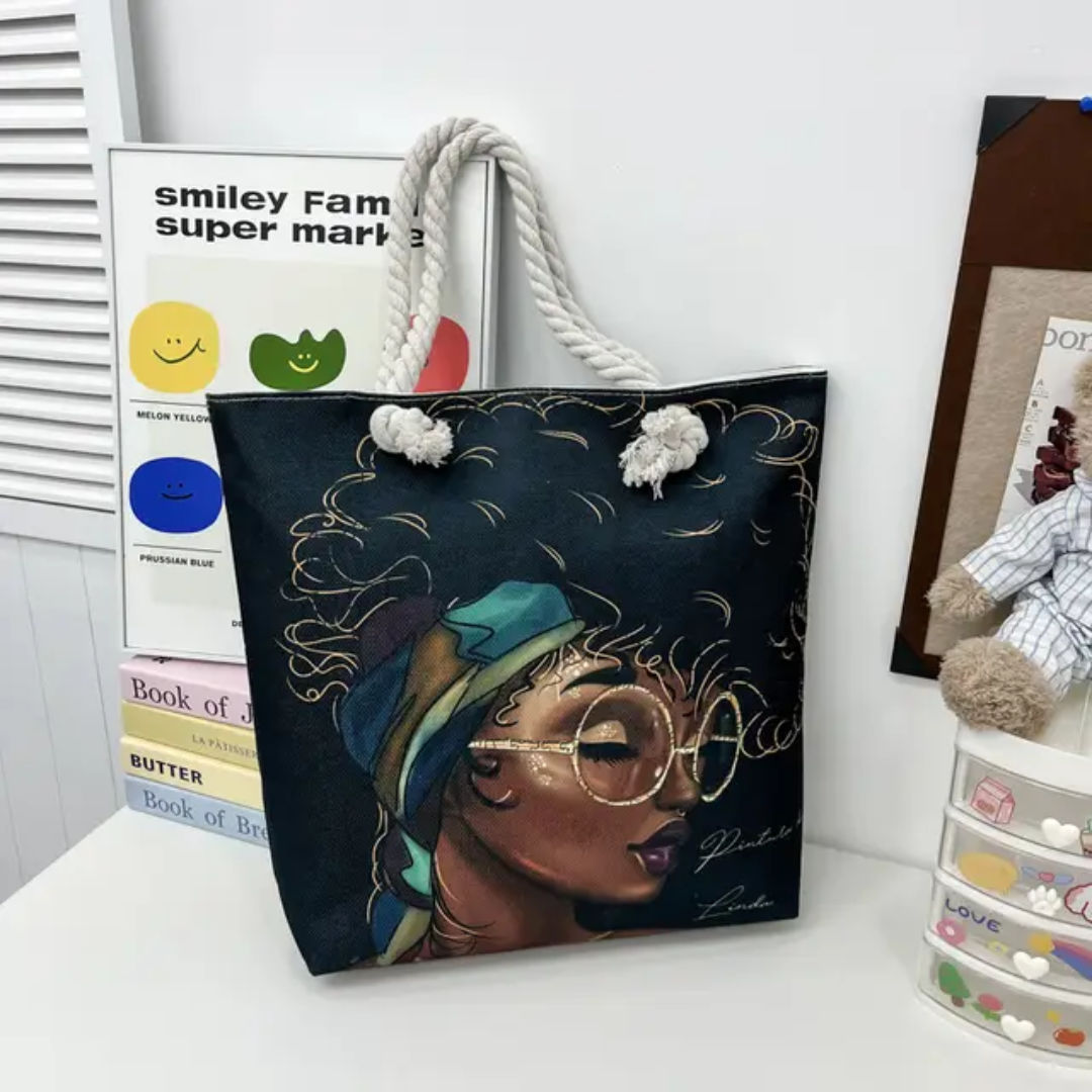 Large Canvas Tote Bag with Rope Handles – Illustrated Girl Design