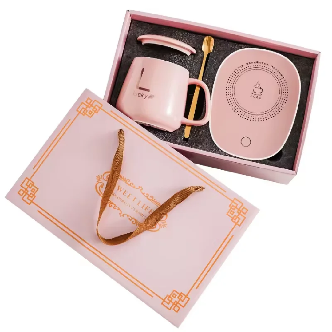 Ceramic Mug Warmer Gift Set – Temperature Control Heating Pad + Mug, Lid & Spoon (Gift Box)