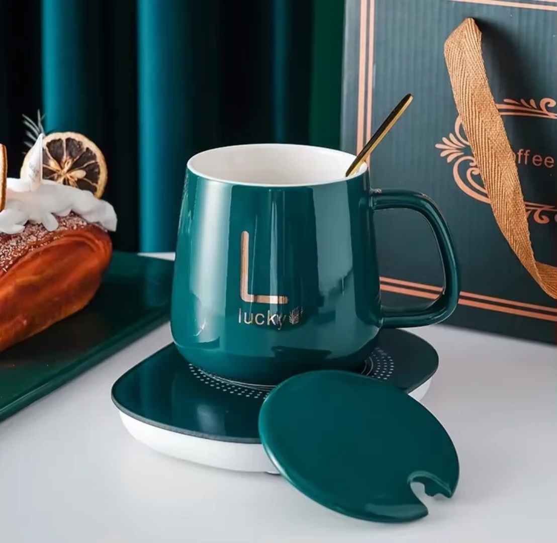 Ceramic Mug Warmer Gift Set – Temperature Control Heating Pad + Mug, Lid & Spoon (Gift Box)