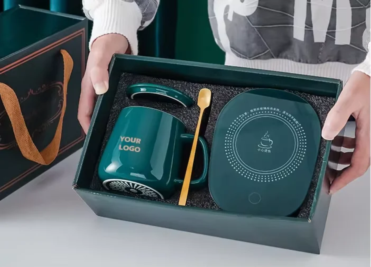 Ceramic Mug Warmer Gift Set – Temperature Control Heating Pad + Mug, Lid & Spoon (Gift Box)