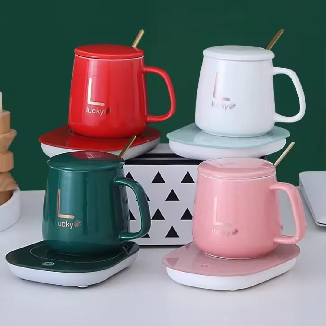 Ceramic Mug Warmer Gift Set – Temperature Control Heating Pad + Mug, Lid & Spoon (Gift Box)