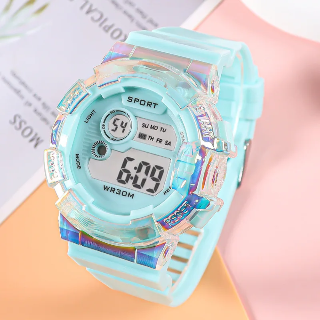 Kids Digital Sport Watch – Iridescent Crystal Bezel, Waterproof, Soft Silicone Strap (Multiple Colors)