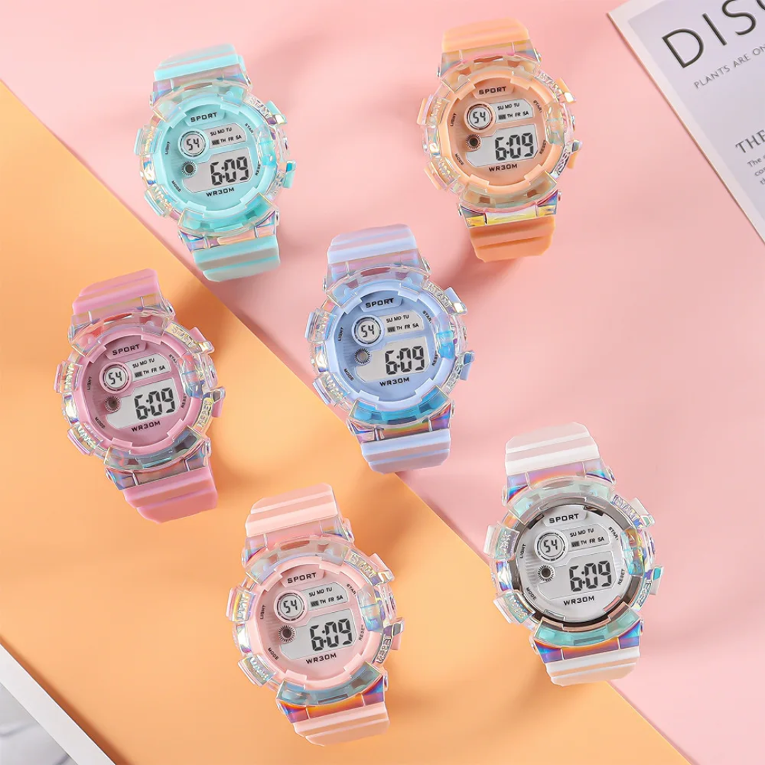 Kids Digital Sport Watch – Iridescent Crystal Bezel, Waterproof, Soft Silicone Strap (Multiple Colors)