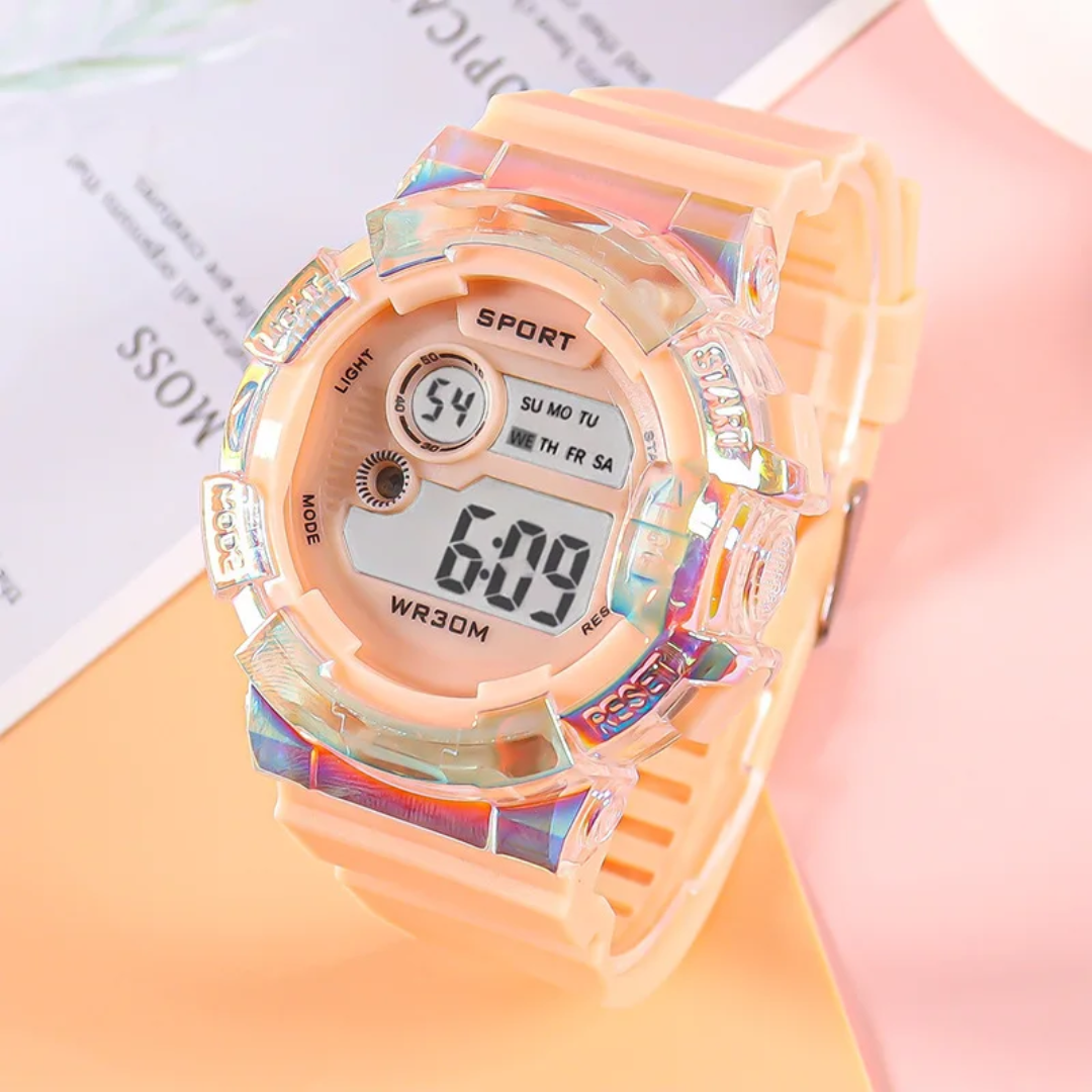 Kids Digital Sport Watch – Iridescent Crystal Bezel, Waterproof, Soft Silicone Strap (Multiple Colors)