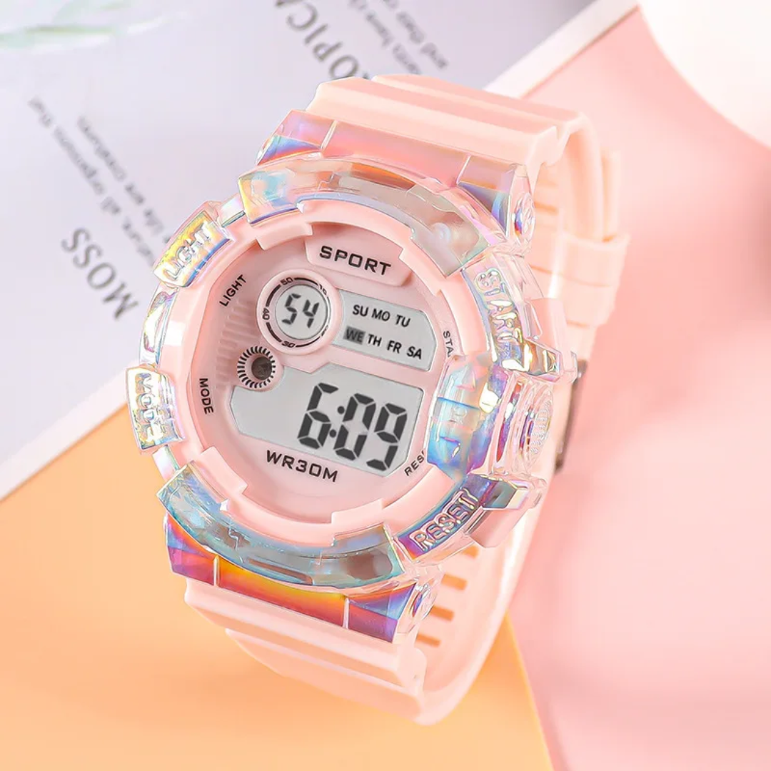 Kids Digital Sport Watch – Iridescent Crystal Bezel, Waterproof, Soft Silicone Strap (Multiple Colors)
