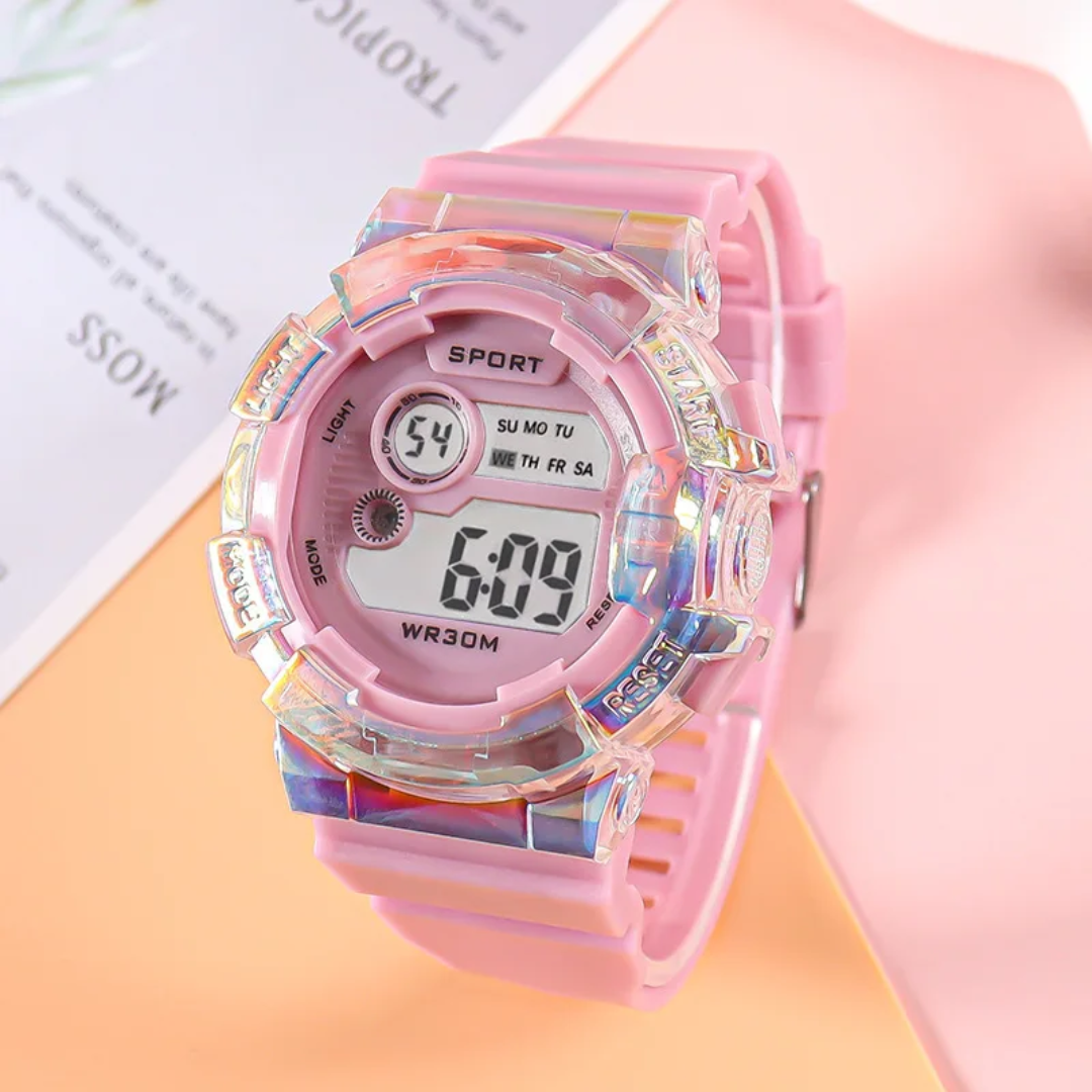 Kids Digital Sport Watch – Iridescent Crystal Bezel, Waterproof, Soft Silicone Strap (Multiple Colors)