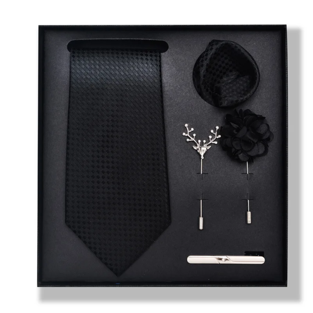 Men’s Luxury Tie Gift Set – Necktie, Pocket Square, Lapel Pins & Tie Clip (Gift Box)