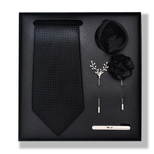 Men’s Luxury Tie Gift Set – Necktie, Pocket Square, Lapel Pins & Tie Clip (Gift Box)