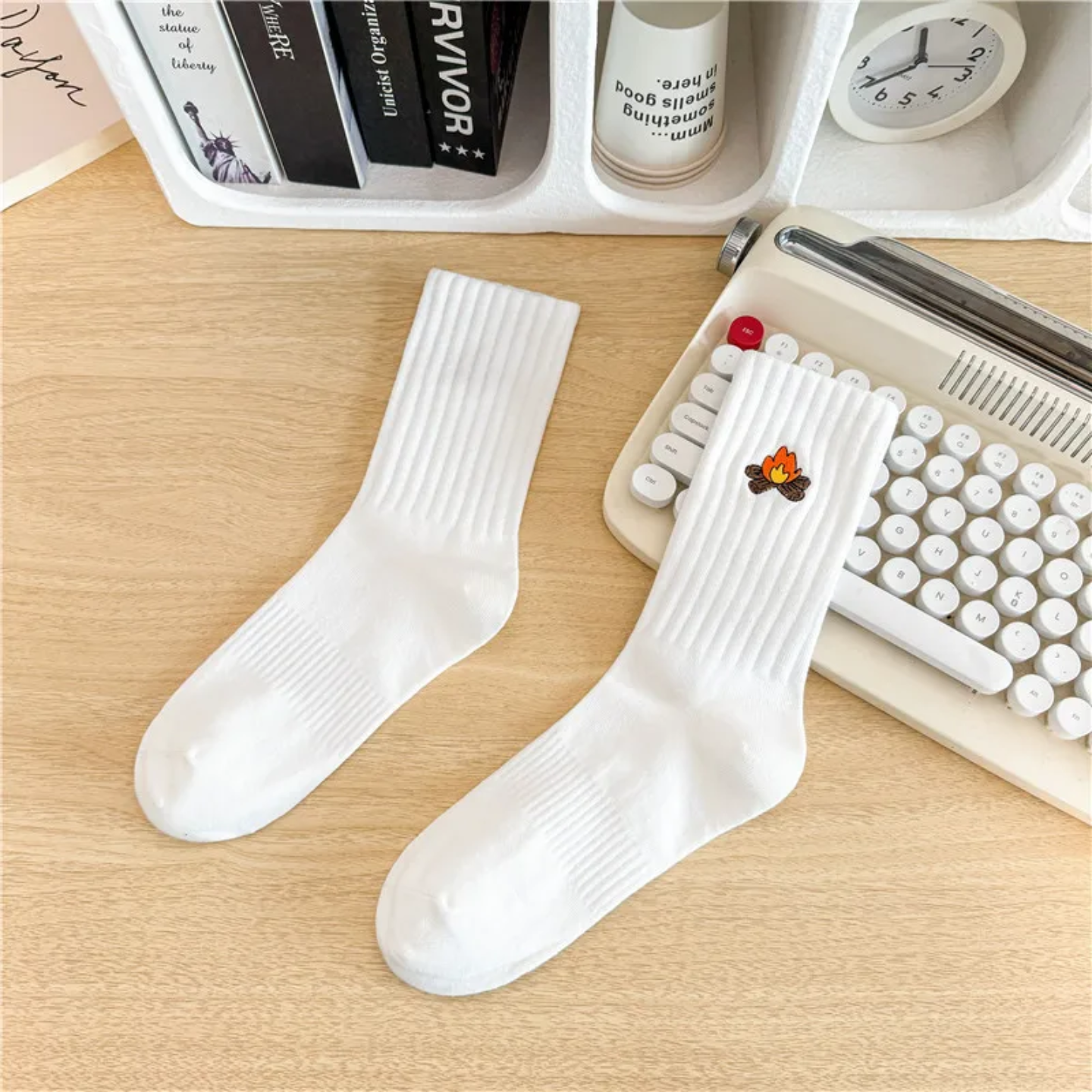 Cute Embroidered Aesthetic Crew Socks — Soft Cotton Ribbed Daily Wear (Multiple Designs)