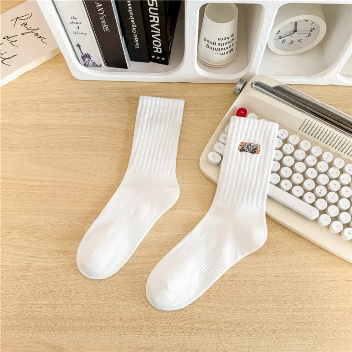 Cute Embroidered Aesthetic Crew Socks — Soft Cotton Ribbed Daily Wear (Multiple Designs)