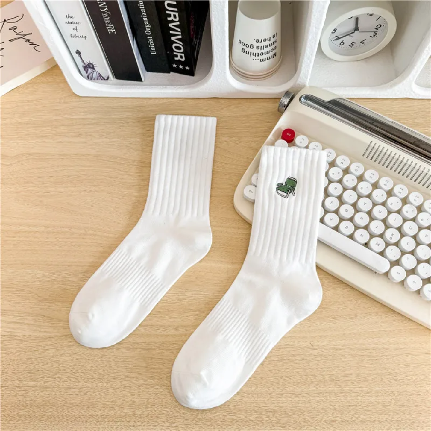Cute Embroidered Aesthetic Crew Socks — Soft Cotton Ribbed Daily Wear (Multiple Designs)