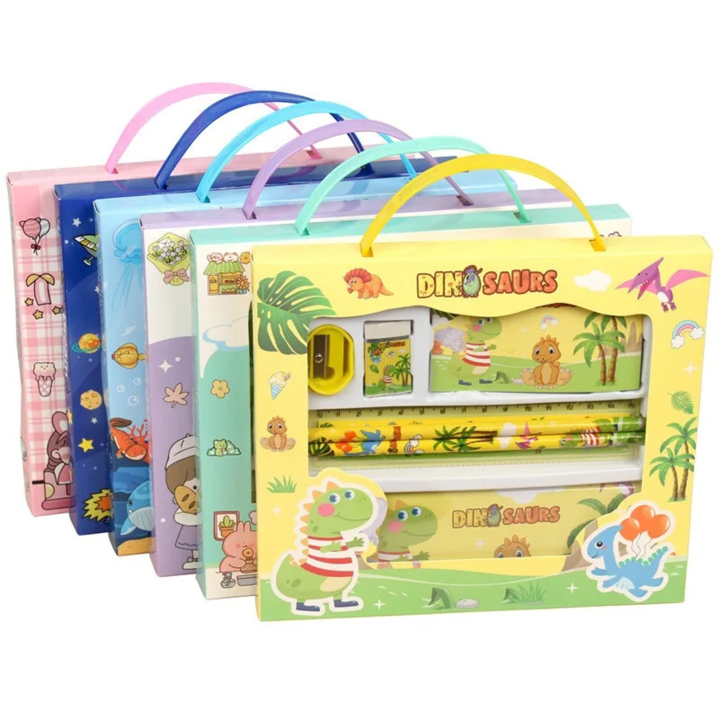 Kids Cartoon 7-Piece Stationery Gift Box Set – Pencil Case, Ruler, Pencils, Sharpener & Eraser (Cute Cat / Yummy Pink / Dinosaur / Space / Animal Friends)