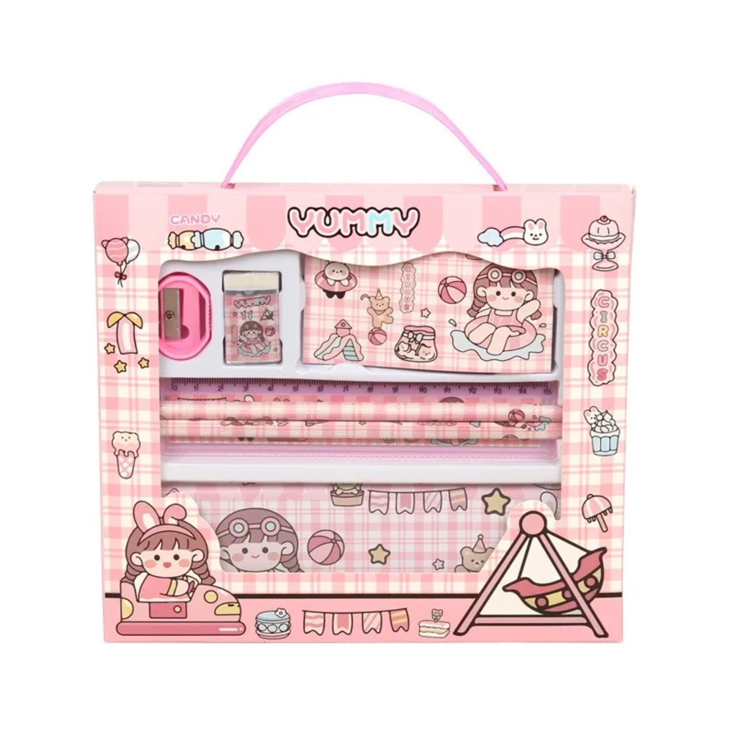 Kids Cartoon 7-Piece Stationery Gift Box Set – Pencil Case, Ruler, Pencils, Sharpener & Eraser (Cute Cat / Yummy Pink / Dinosaur / Space / Animal Friends)