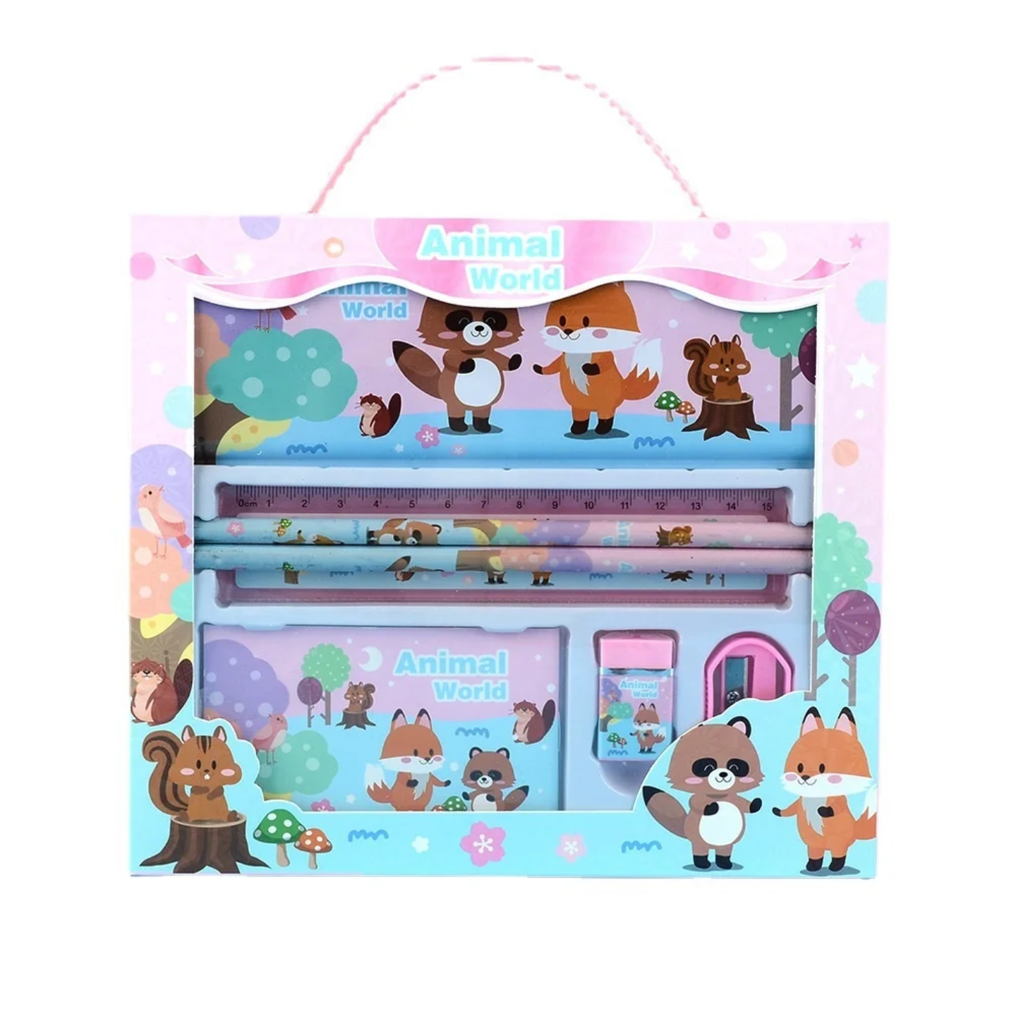 Kids Cartoon 7-Piece Stationery Gift Box Set – Pencil Case, Ruler, Pencils, Sharpener & Eraser (Cute Cat / Yummy Pink / Dinosaur / Space / Animal Friends)