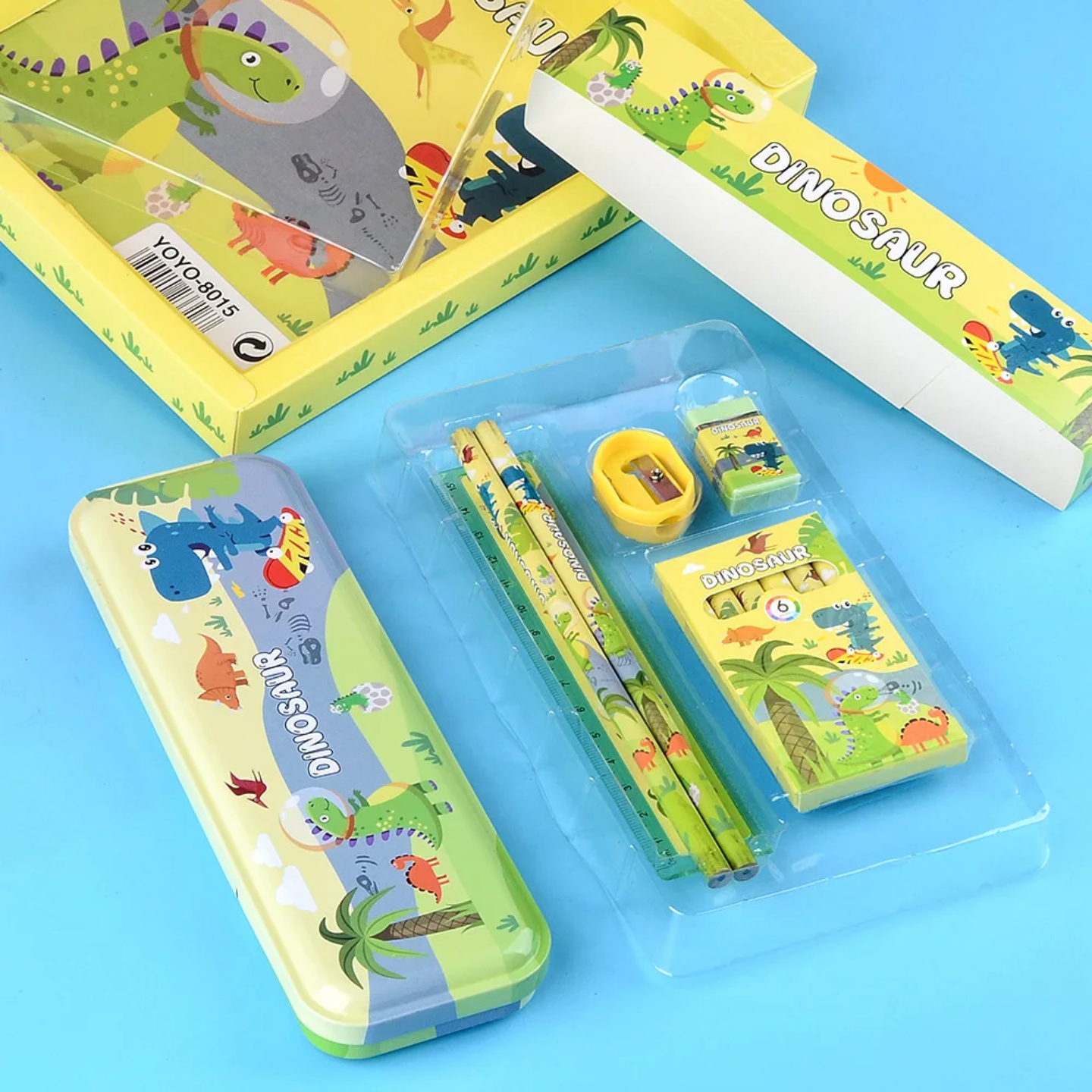 Kids Cartoon 7-Piece Stationery Gift Box Set – Pencil Case, Ruler, Pencils, Sharpener & Eraser (Cute Cat / Yummy Pink / Dinosaur / Space / Animal Friends)