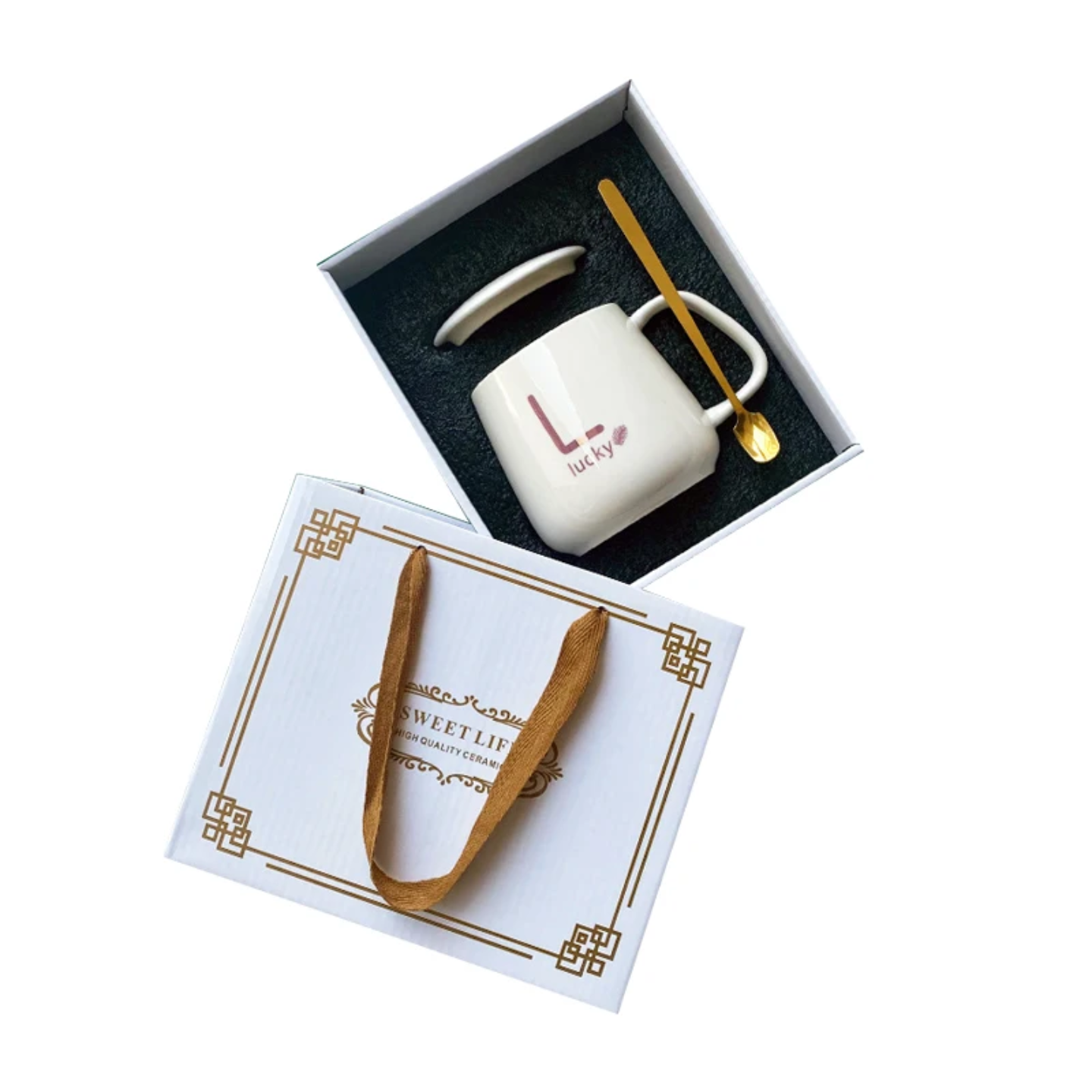 White Ceramic Mug Gift Set – With Lid & Gold Spoon (Premium Gift Box)