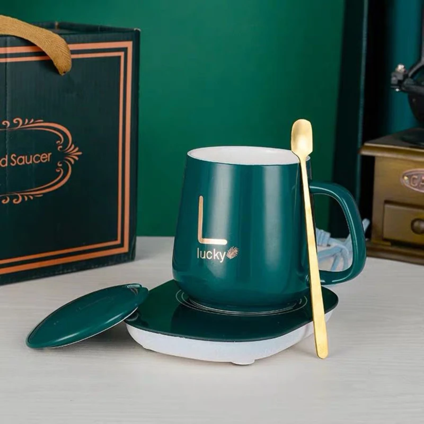 Ceramic Mug Warmer Gift Set – Temperature Control Heating Pad + Mug, Lid & Spoon (Gift Box)