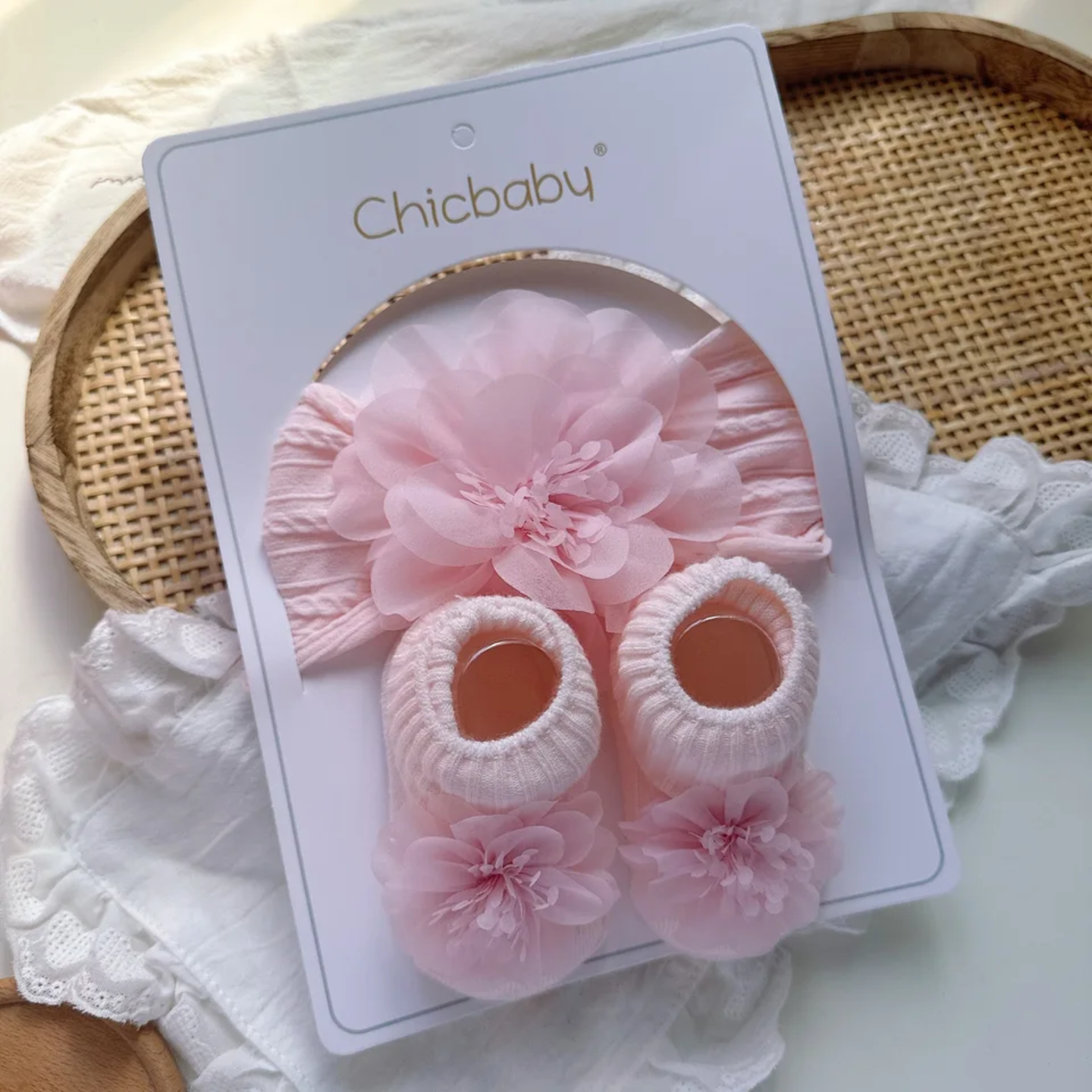 Baby Girl Floral Headband & Socks Gift Set – Newborn Photo Props, Baby Shower Gift, Coming Home Outfit Accessory