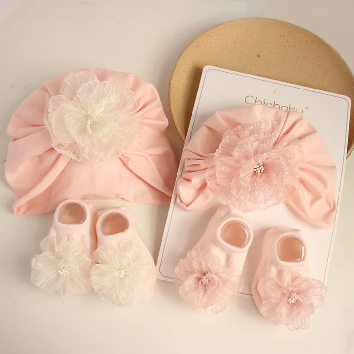 Baby Girl Turban & Matching Flower Socks Set – Soft Newborn Hat + Cute Bow Socks, Hospital Outfit Gift, Infant Photo Prop, Baby Shower Gift