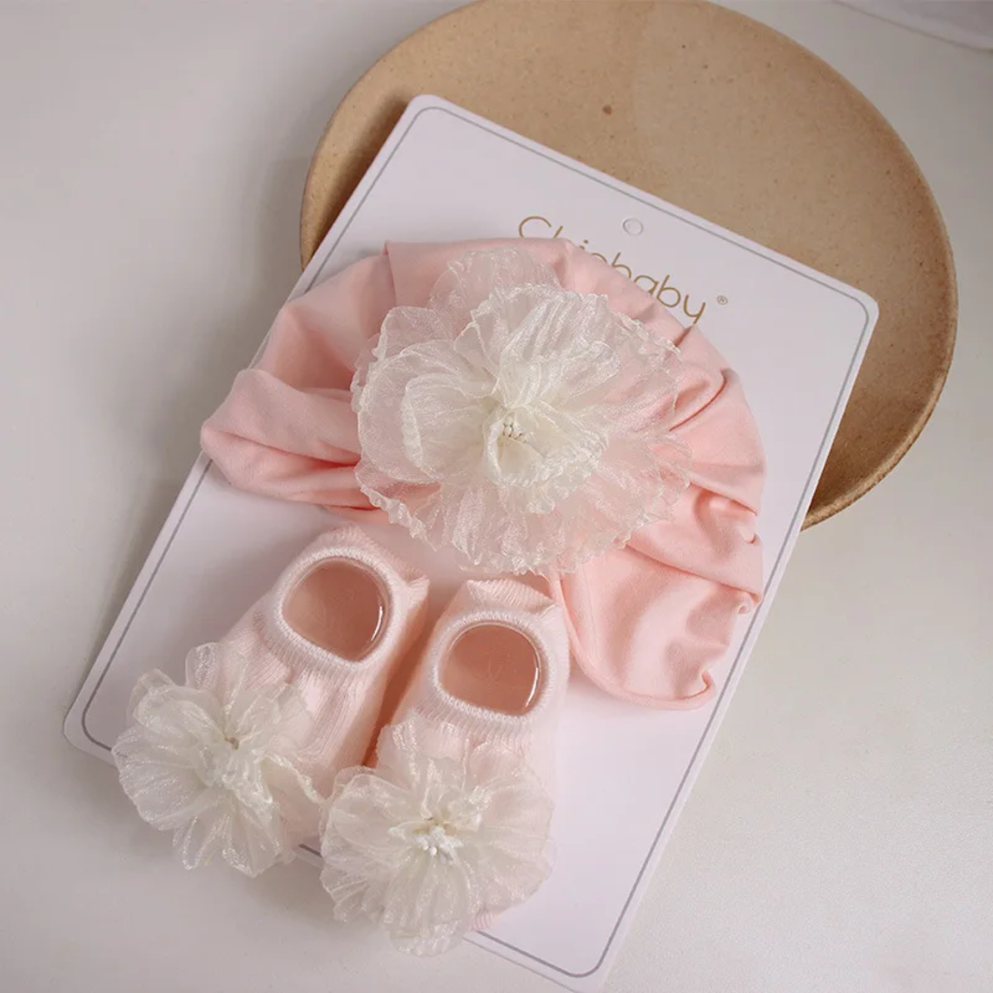 Baby Girl Turban & Matching Flower Socks Set – Soft Newborn Hat + Cute Bow Socks, Hospital Outfit Gift, Infant Photo Prop, Baby Shower Gift