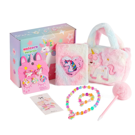 Unicorn Gift Set for Girls – 8-Piece Plush Bag, Notebook, Jewelry & Accessories (Rainbow Pastel)