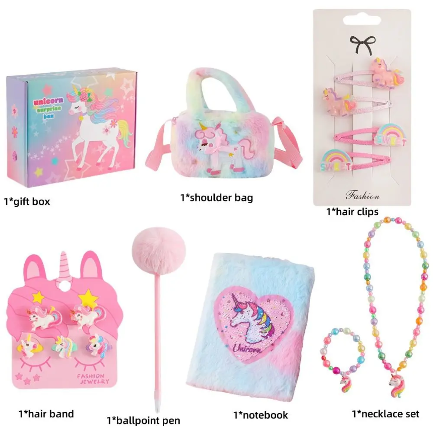 Unicorn Gift Set for Girls – 8-Piece Plush Bag, Notebook, Jewelry & Accessories (Rainbow Pastel)