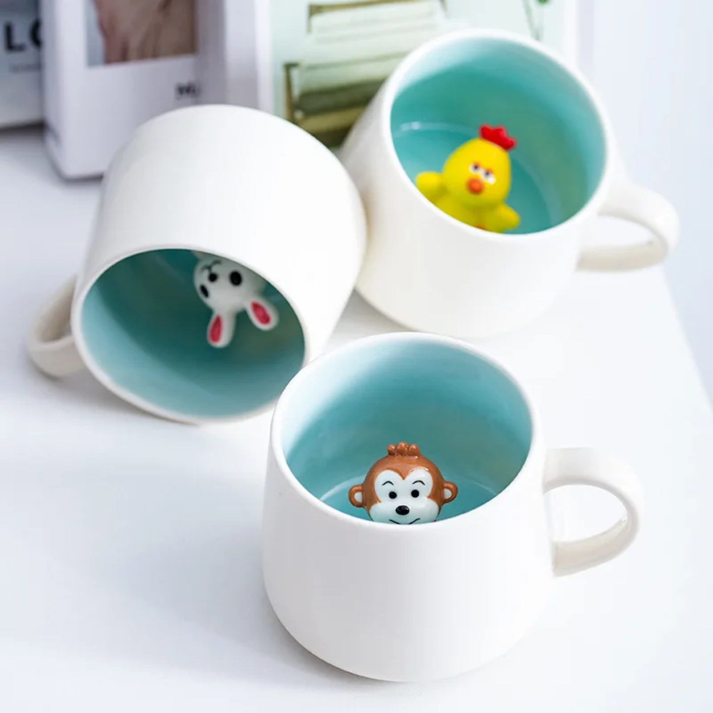 Cute Ceramic Animal Surprise Mug with Lid & Spoon – Milk Cup for Kids & Adults | Cow, Bunny, Monkey, Chick Designs