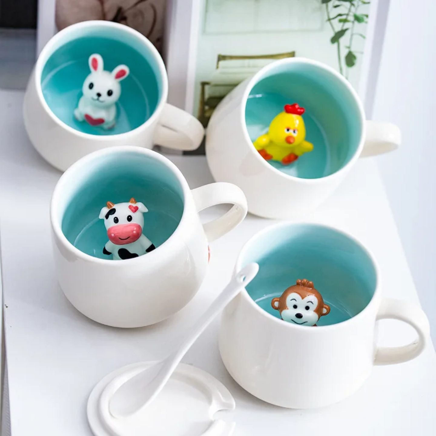 Cute Ceramic Animal Surprise Mug with Lid & Spoon – Milk Cup for Kids & Adults | Cow, Bunny, Monkey, Chick Designs