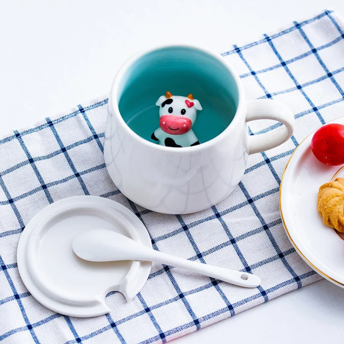 Cute Ceramic Animal Surprise Mug with Lid & Spoon – Milk Cup for Kids & Adults | Cow, Bunny, Monkey, Chick Designs