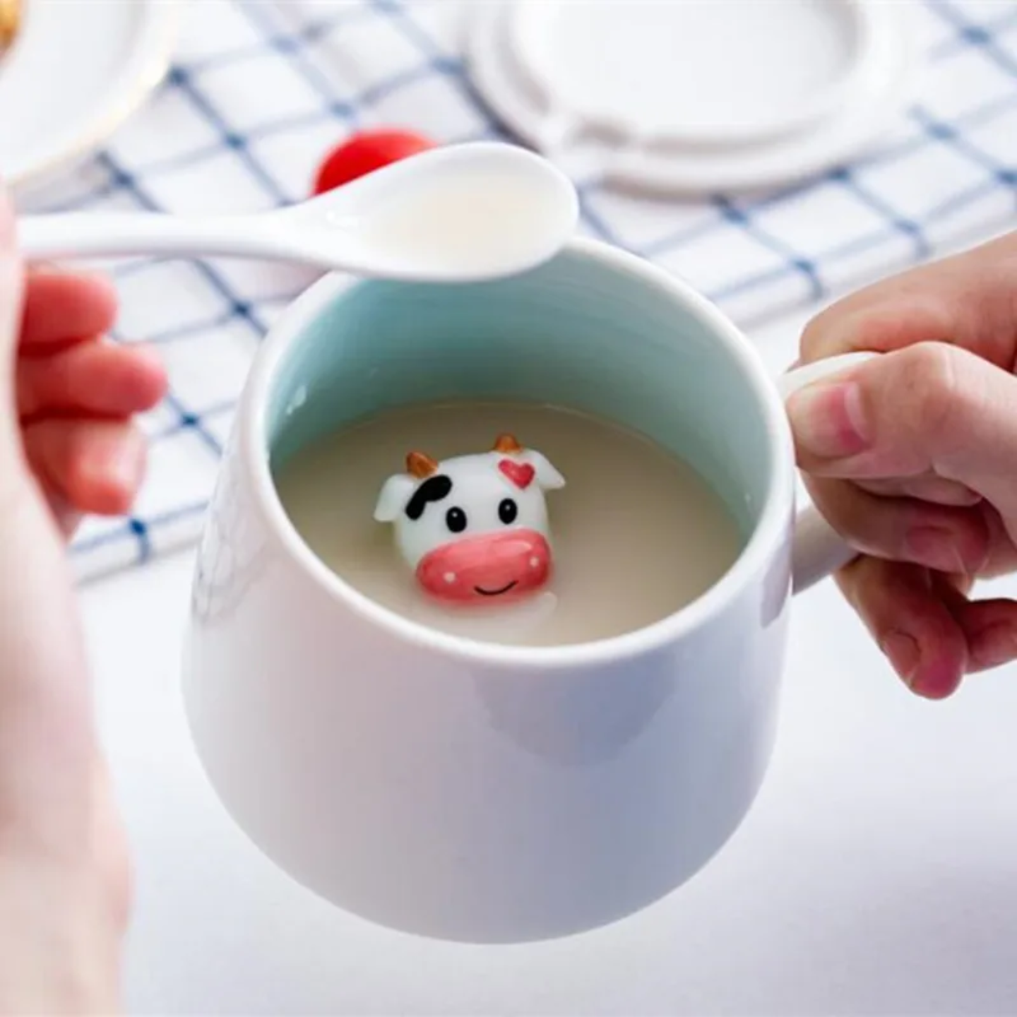 Cute Ceramic Animal Surprise Mug with Lid & Spoon – Milk Cup for Kids & Adults | Cow, Bunny, Monkey, Chick Designs