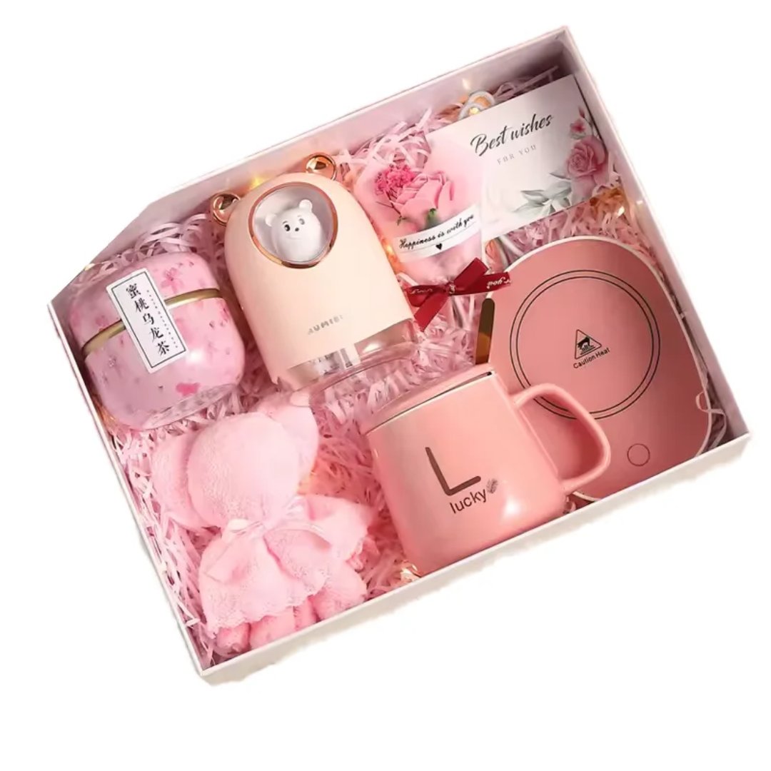 Luxury Pink Premium Gift Box – Mug Warmer Set, Insulated Bottle, Mini Humidifier, Towel Bear & More (Full Gift Set)
