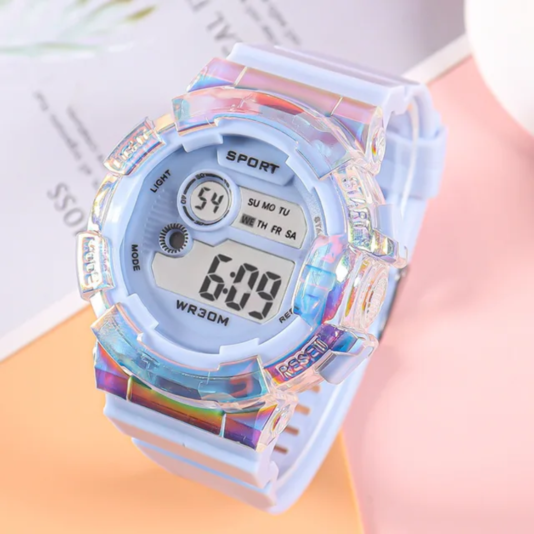 Kids Digital Sport Watch – Iridescent Crystal Bezel, Waterproof, Soft Silicone Strap (Multiple Colors)