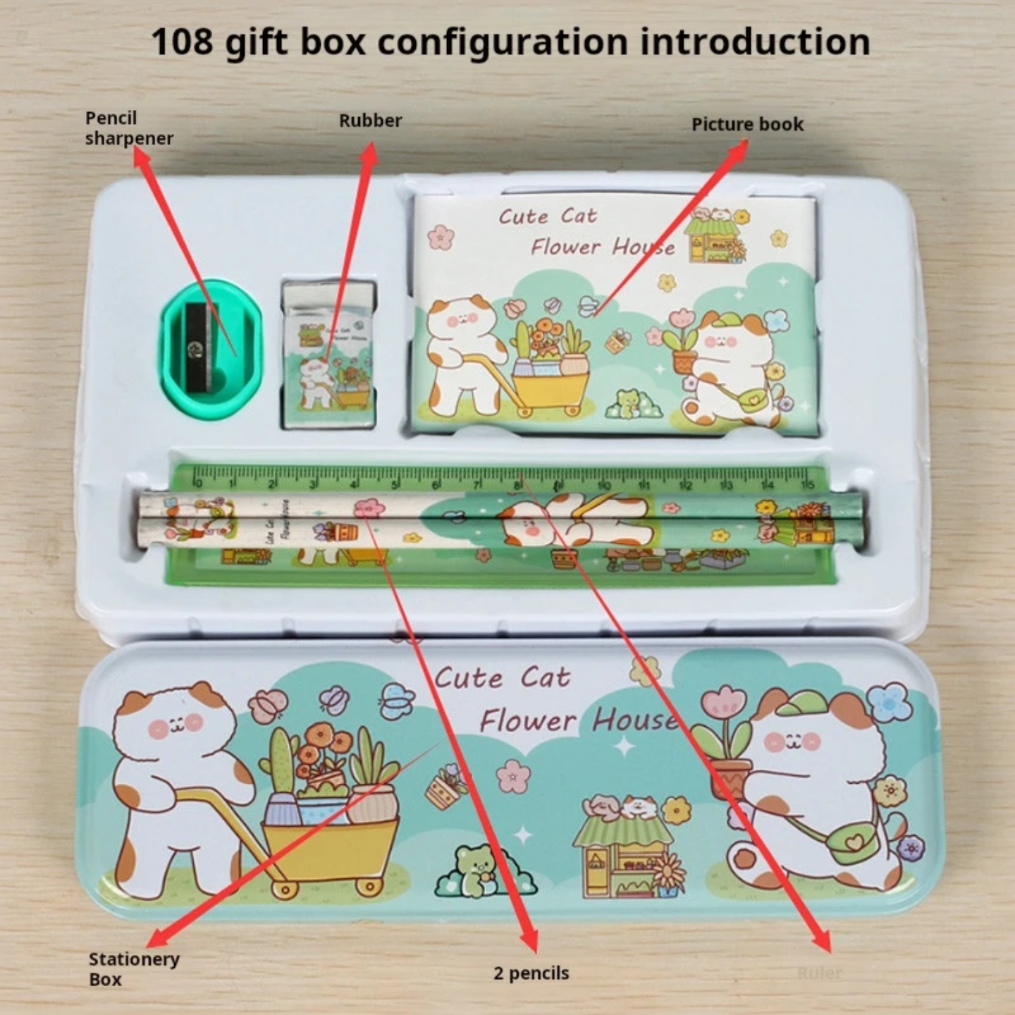 Kids Cartoon 7-Piece Stationery Gift Box Set – Pencil Case, Ruler, Pencils, Sharpener & Eraser (Cute Cat / Yummy Pink / Dinosaur / Space / Animal Friends)