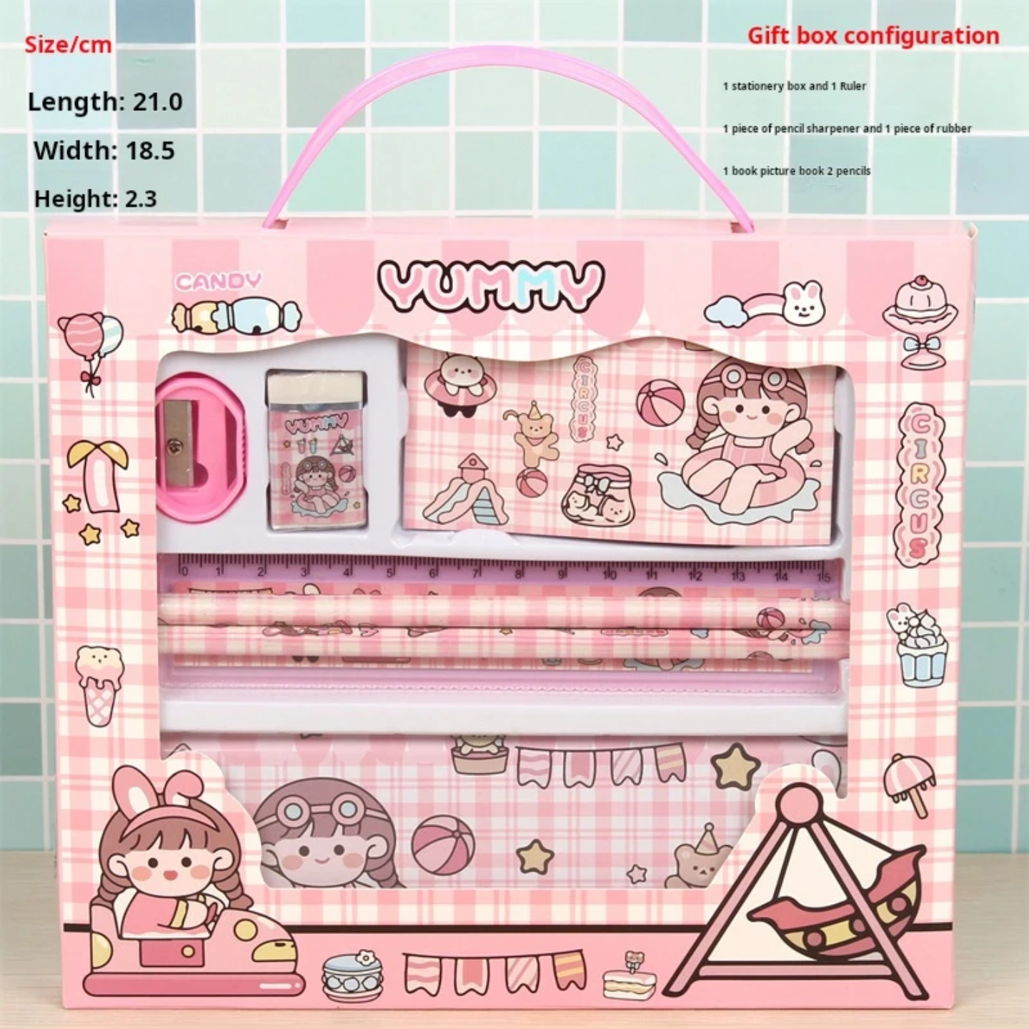 Kids Cartoon 7-Piece Stationery Gift Box Set – Pencil Case, Ruler, Pencils, Sharpener & Eraser (Cute Cat / Yummy Pink / Dinosaur / Space / Animal Friends)