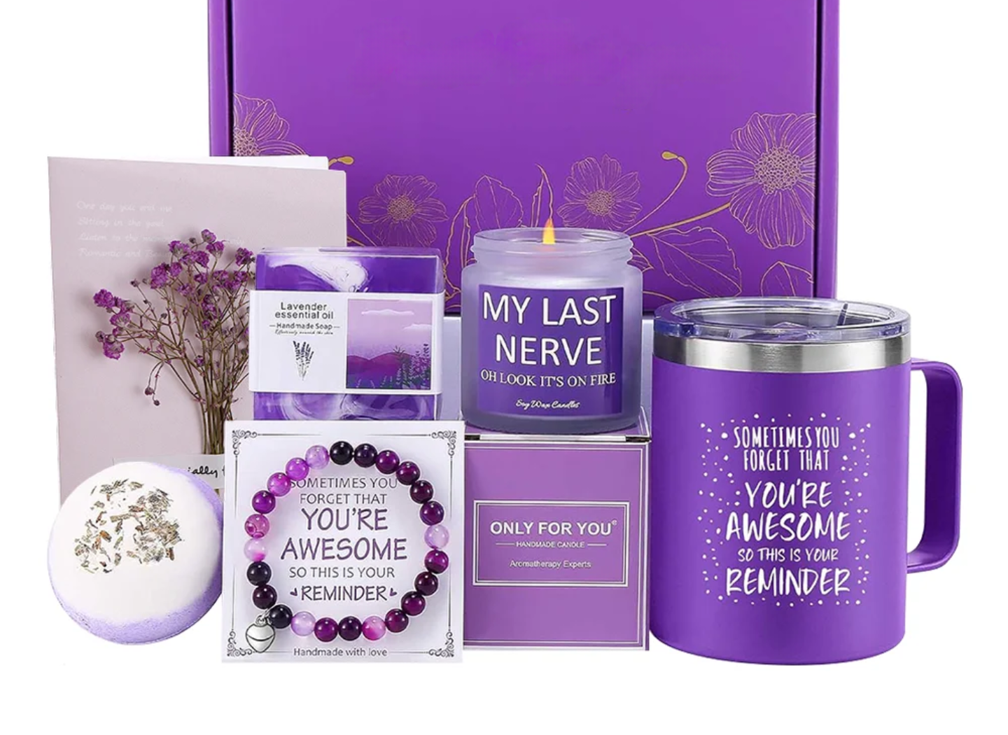 Lavender Self-Care Gift Box – Mug, Candle, Bath Bomb, Handmade Soap, Bracelet (Relaxation Gift Set)